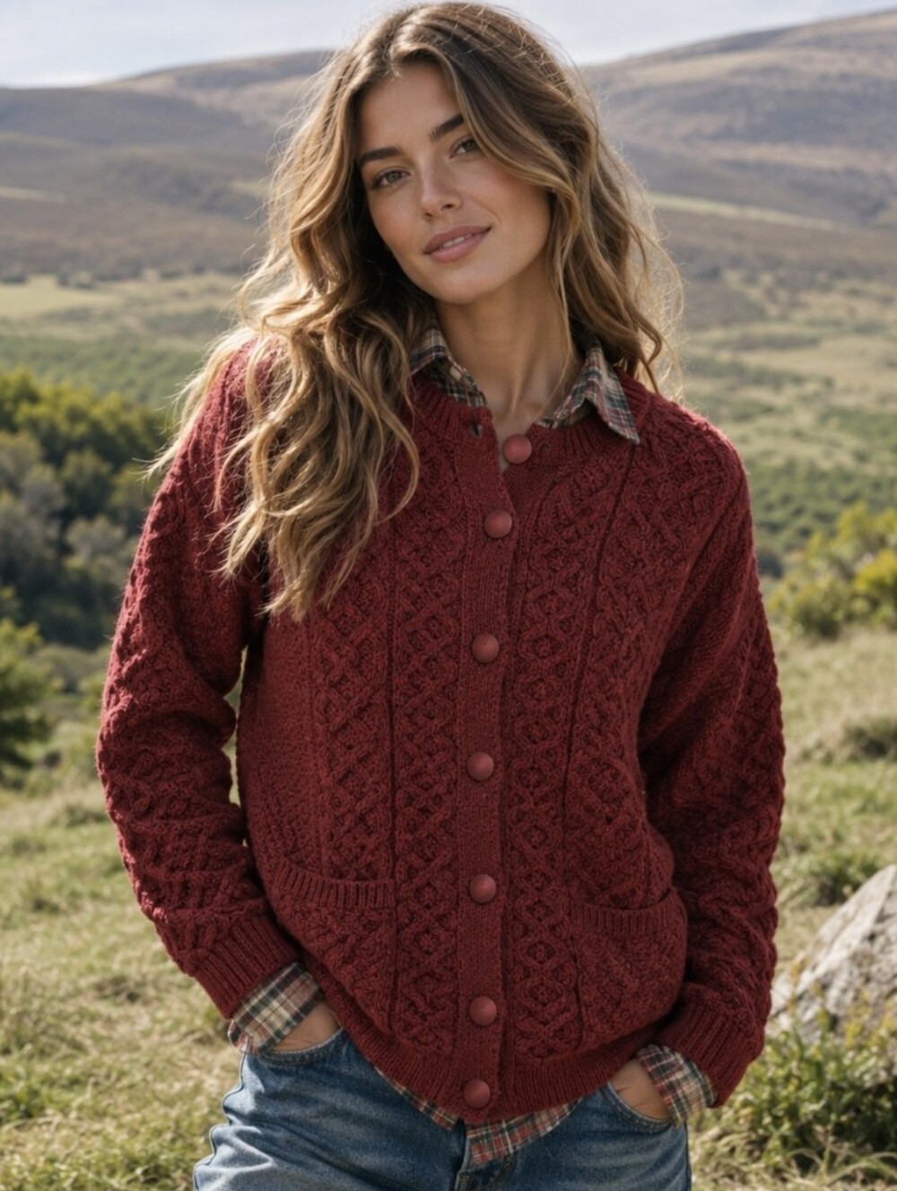 NEW Aran Crafts Ireland Merino Wool Cable Knit Cardigan Red Sweater Buttons Sz L